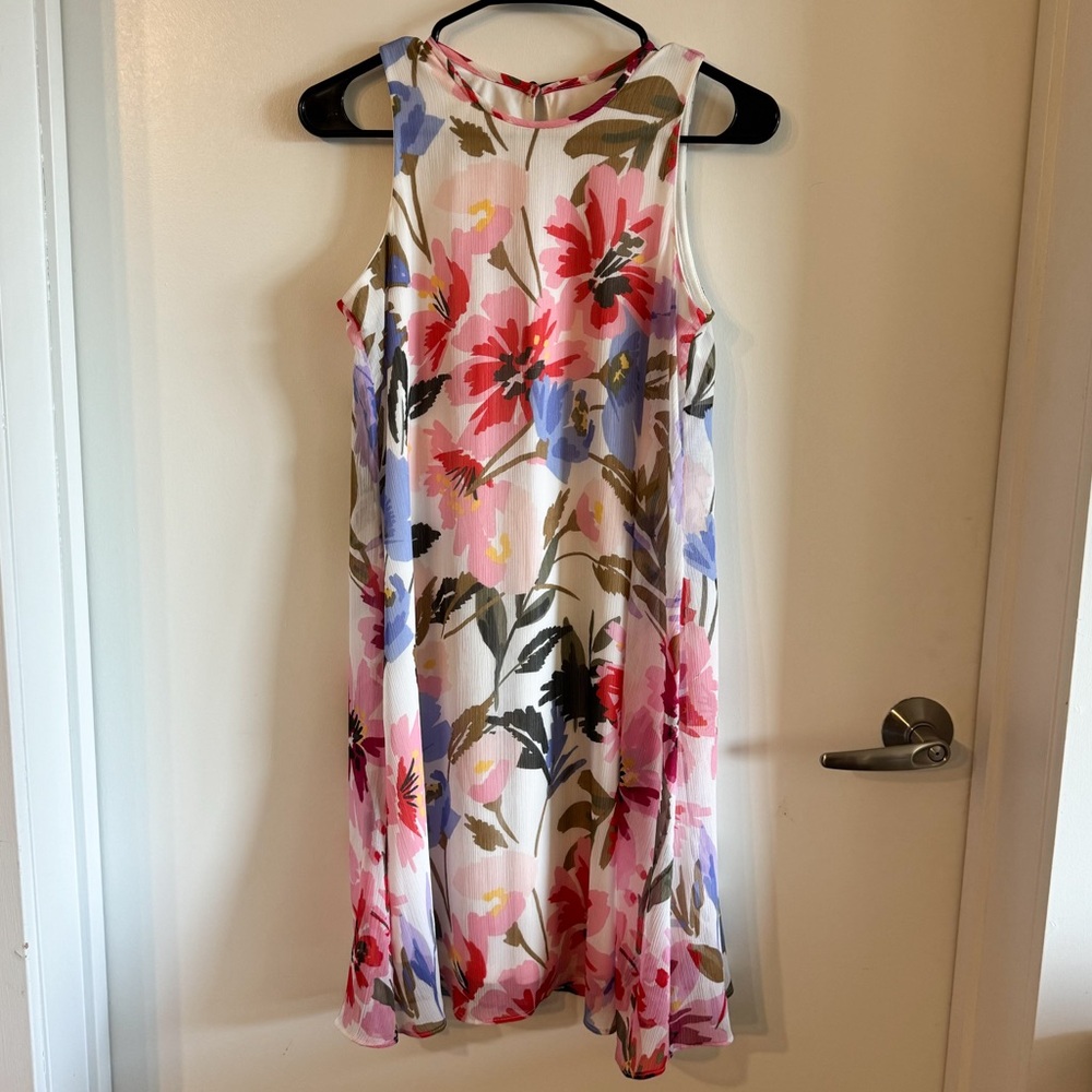 Calvin Klein White, Pink, & Blue Floral Tank-Neck Shift Dress - Size 4